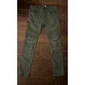 H&M Divided Skinny Moto Jeans Mens 34 Green Distressed Biker Ribbed